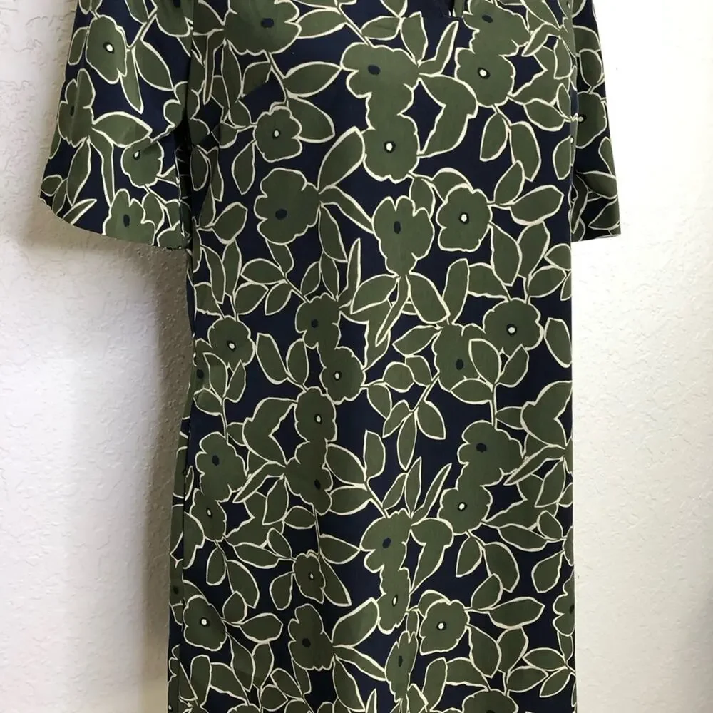 Banana Republic olive green navy blue floral v neck shift dress size 6